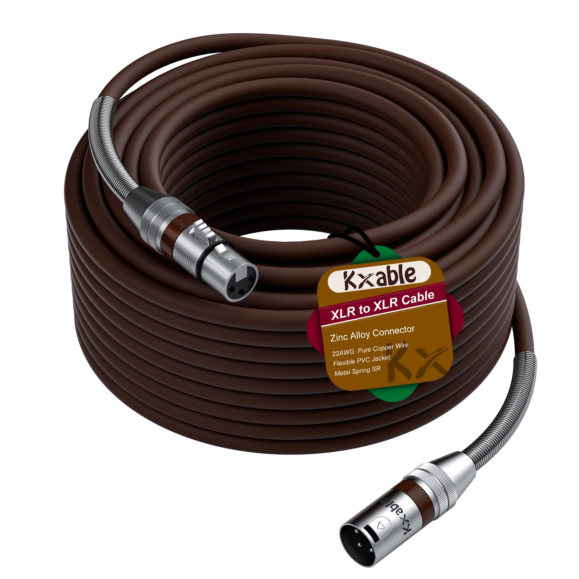 XLR Microphone Cable 200 FT, XLR Male to Female Balanced Mic Cable, 3-Pin Shielded Speaker Cord, Zinc Alloy Connectors, 22AWG Pure Copper, Metal Spring SR, Recording Studio, Podcast, Brown