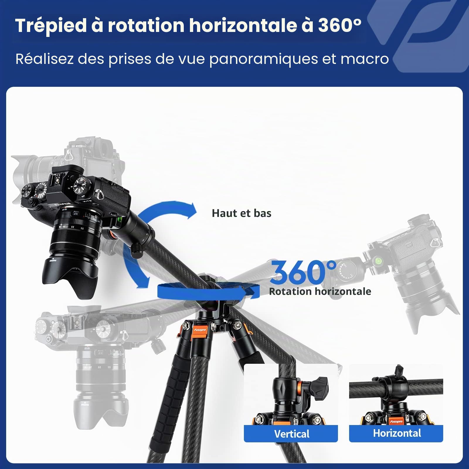 Fotopro Trépied Horizontal en Fibre de Carbone de 184 cm avec tête sphérique à 360 degrés, Plaque de dégagement Rapide pour Appareil Photo Reflex numérique de Voyage, caméscope, caméscope