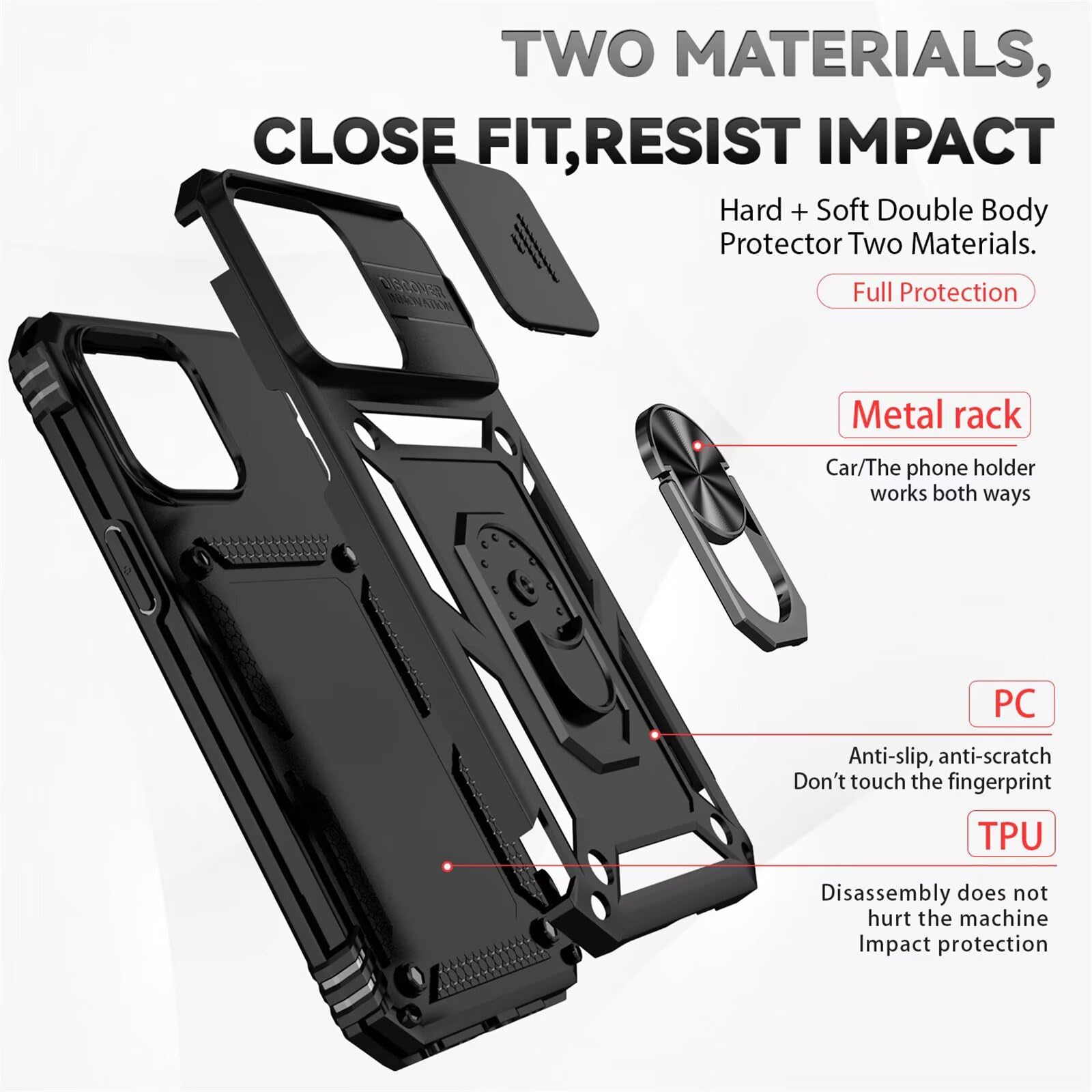Cover per Iphone 15 Pro 6.1 Pollici con Vetro Temperato Custodia con Scorrevole Protezione Fotocamera Custodia Rotante Anello Supporto Antiurto TPU Bumper Custodie-Nero
