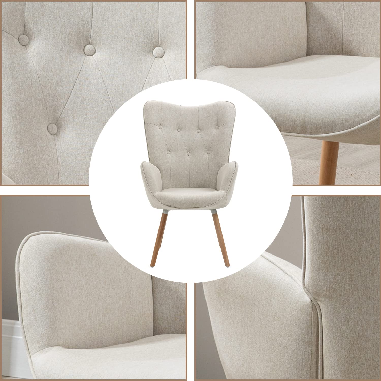 MEUBLE COSY Poltrona Imbottita Sedia da Salotto con Braccioli Poltroncina Relax in Tessuto con Schienale Alto Gambe in Legno per Camera da Letto Soggiorno
