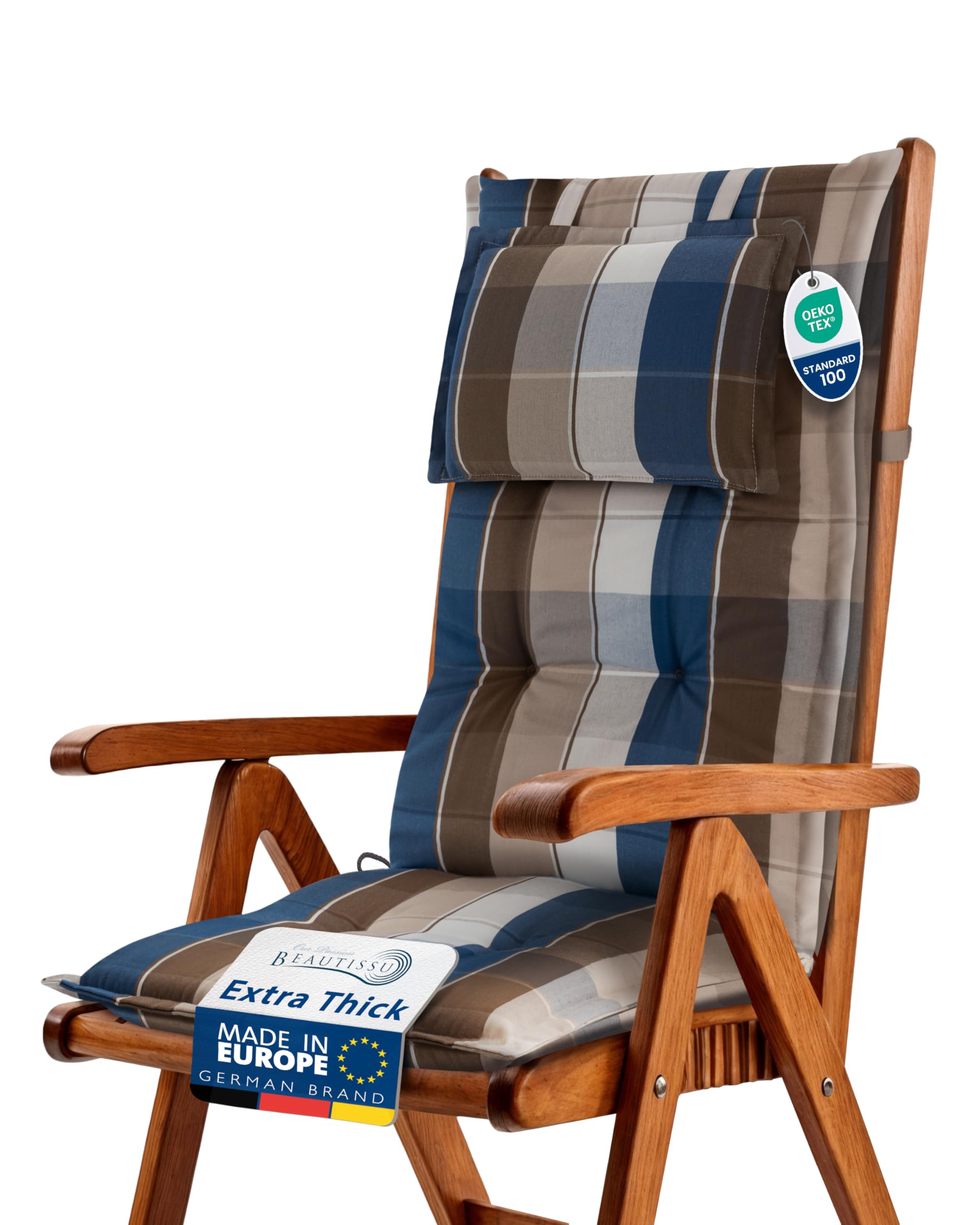 Beautissu 1 Premium High Back Garden Outdoor Chair Cushion 120x50 cm - 7 cm Thick Brown-Blue Checkered Seat Cushion for Garden Chairs Rattan - Durable Fabric & UV-lightfastness - HighLux HL