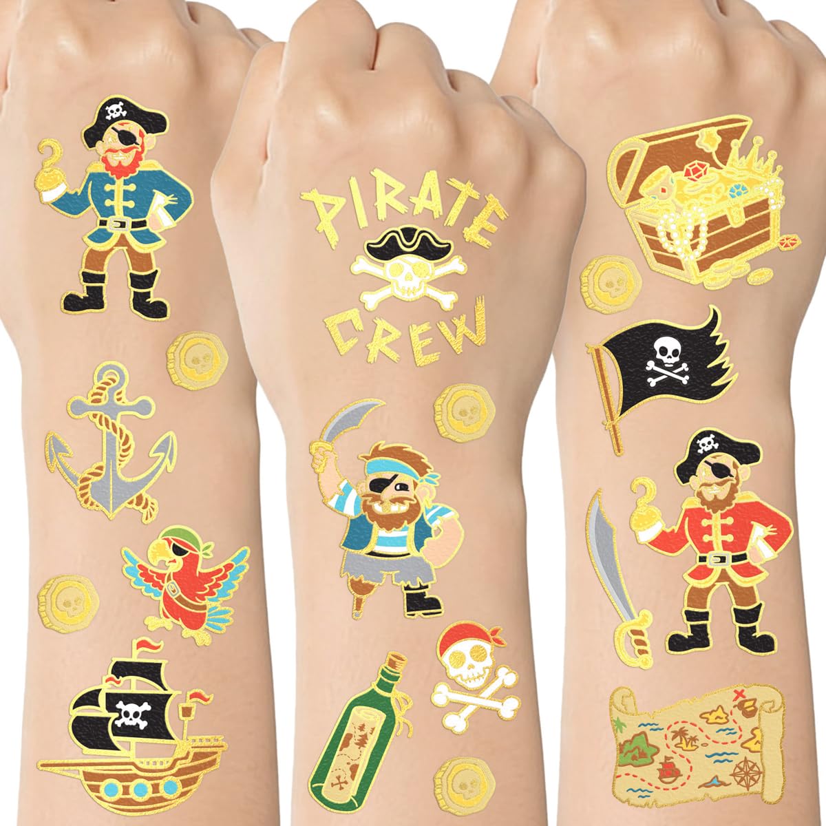 xo, Fetti Pirate Party Supplies Temporary Tattoos - 44 Glitter Styles | Nautical Birthday, Skull Crew, Treasure, Pirate Ship