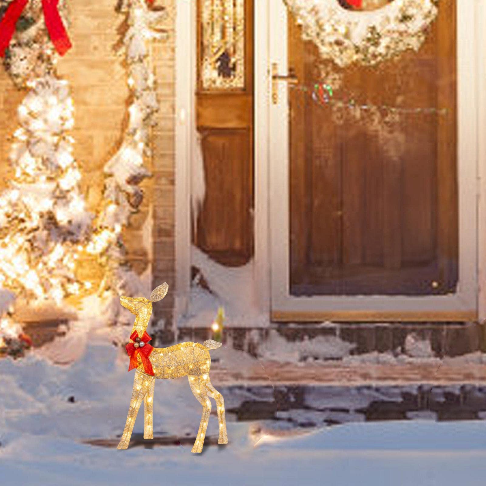 10 Unidades de Ciervos de Navidad iluminados – Decoración para Exteriores de Familia de Renos de Navidad con Luces LED – Luces navideñas de Patio con estaca y Lazo Rojo para jardín | exteriores de familia de de Navidad con luces LED – Luces navideñas de p