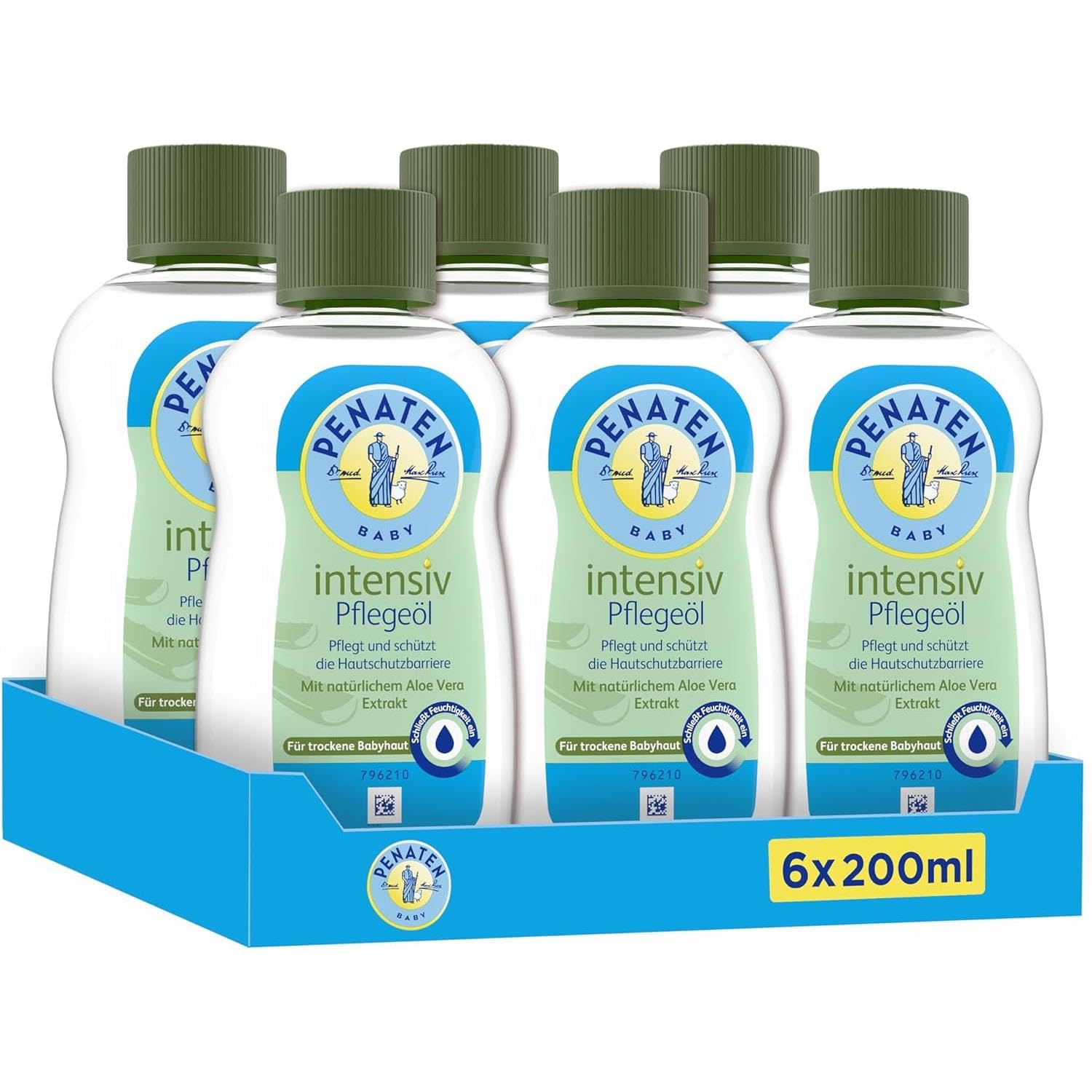 Penaten Intensiv Pflegeöl (6x200ml) pflegendes und schützendes Baby Massageöl und Babyöl mit Aloe Vera Extrakt für trockene & sensitive Haut, pflegt die Haut mit dem gewohnten Penaten Duft