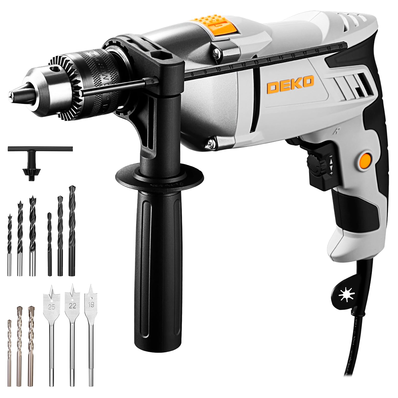 Trapano a Percussione: DEKOPRO 950W Trapano Elettrico a Filo con Mandrino Autoserrante da 13mm, Funzione 2 in 1, 12 Punte, 0-2800 giri/min, Impugnatura Ausiliaria a 360° – per Calcestruzzo e Legno