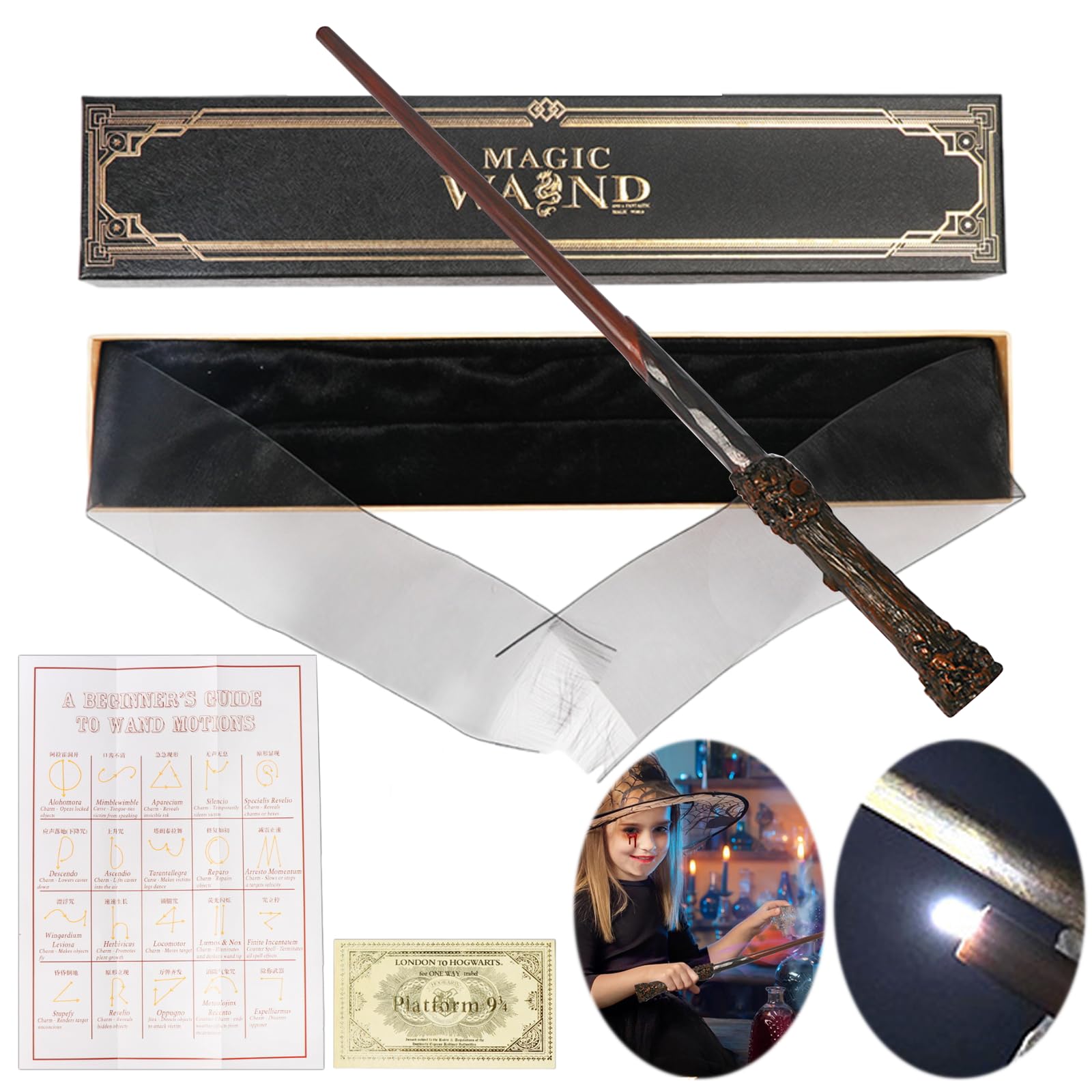 MeYuxg Zauberstab Harry Potter-Harry Zauberstab mit Licht aus Kunststoff Spielzeug Cosplay Props Fanartikel für Kinder ab 7 Jahren Geschenk Deko