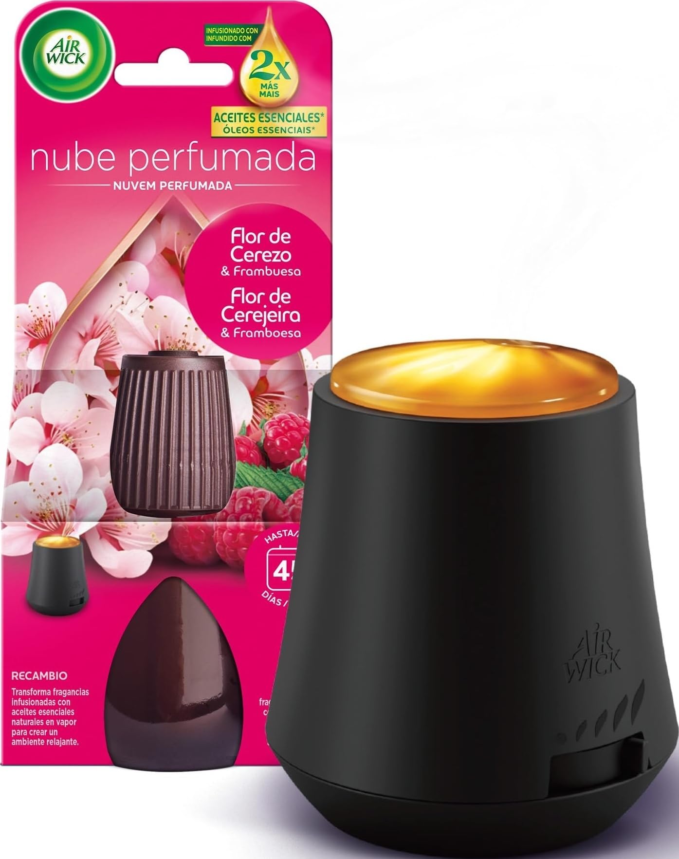 Air Wick Essential Mist, Ambientador difusor de aceites esenciales que brilla al liberar vapor, con aroma a Flor de Cerezo y Frambuesa infusionado con 2 veces más aceites esenciales en oferta en Amazon