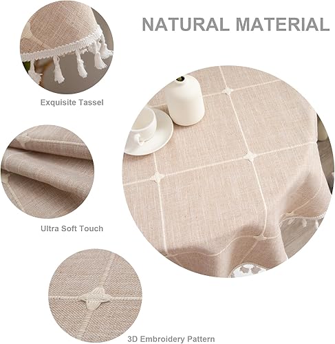 Miniatura 3 de Mantel redondo rústico de celosía de algodón y lino, color marrón claro, a prueba de polvo, lavable, bohemio, bordado, mantel pesado para fiestas,