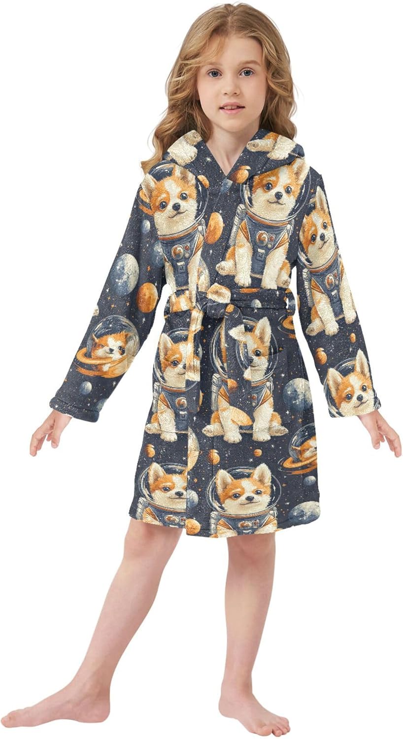 Shiba Inu Astronaut Dog Bathrobe Hooded PJ Robe Plush Fleece Robe Pajama Sleepwear 2-12 Years