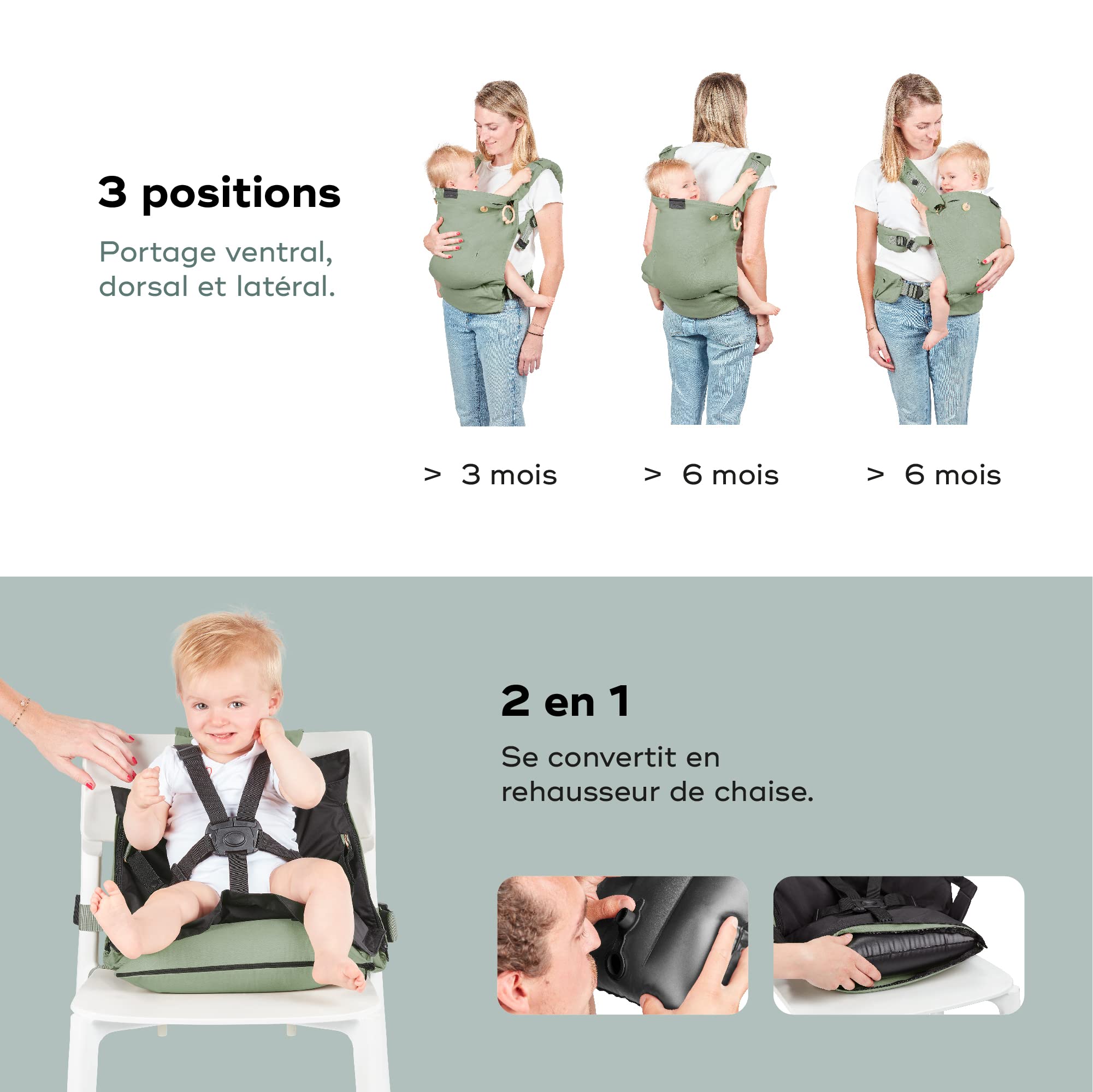 Babymoov Porte-bébé Physiologique et Evolutif en Réhausseur Nomade Moov & Boost - Sage green