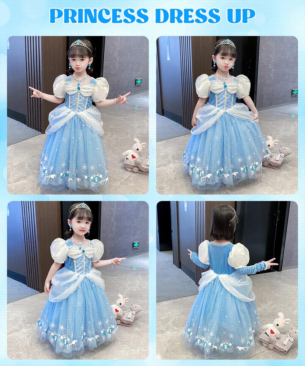 Robe Princesse Fille, Deguisement Princesse avec Couronne Collier Ensemble, Costume Carnaval Enfant, Deguisement Princesses pour Anniversaire Cosplay Fête