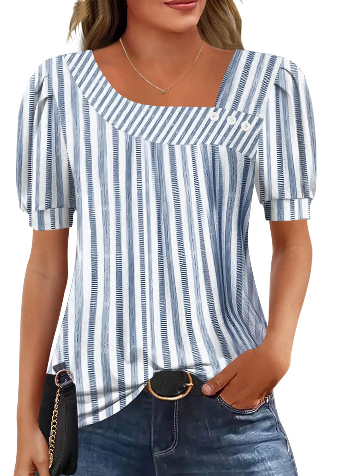Rapbin Bluse Damen Kurzarm Oberteile Elegant Asymmetrischem Ausschnitt T-Shirt Sommer Button Blusenshirt Casual Top from S to XXL
