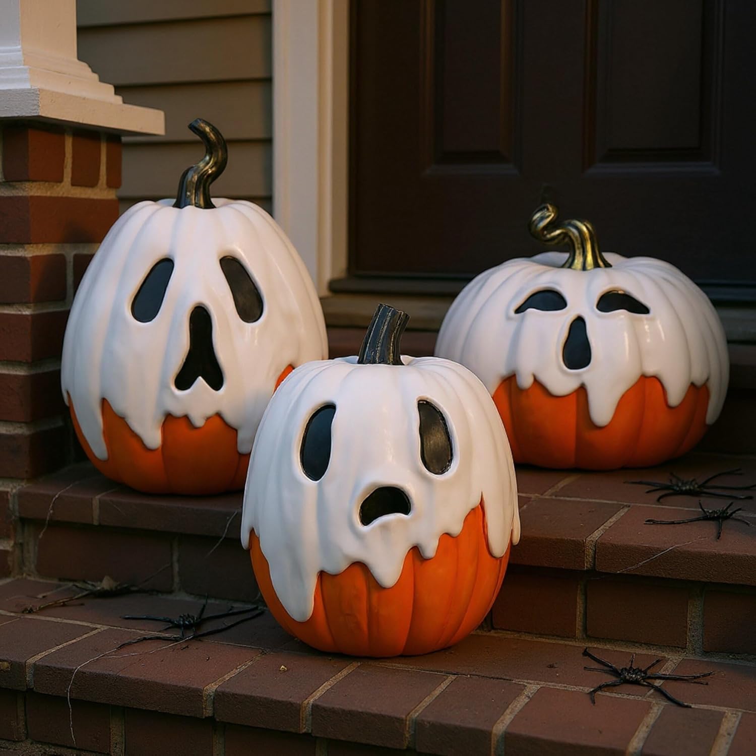 3 PCS Halloween Ghost Pumpkin Decoration - 9.8" 8.7" 7.1" Large Resin Jack O Lantern Ghost Pumpkin Spooky Figurine Set for 2025 Fall Statue Decoration Indoor Outdoor