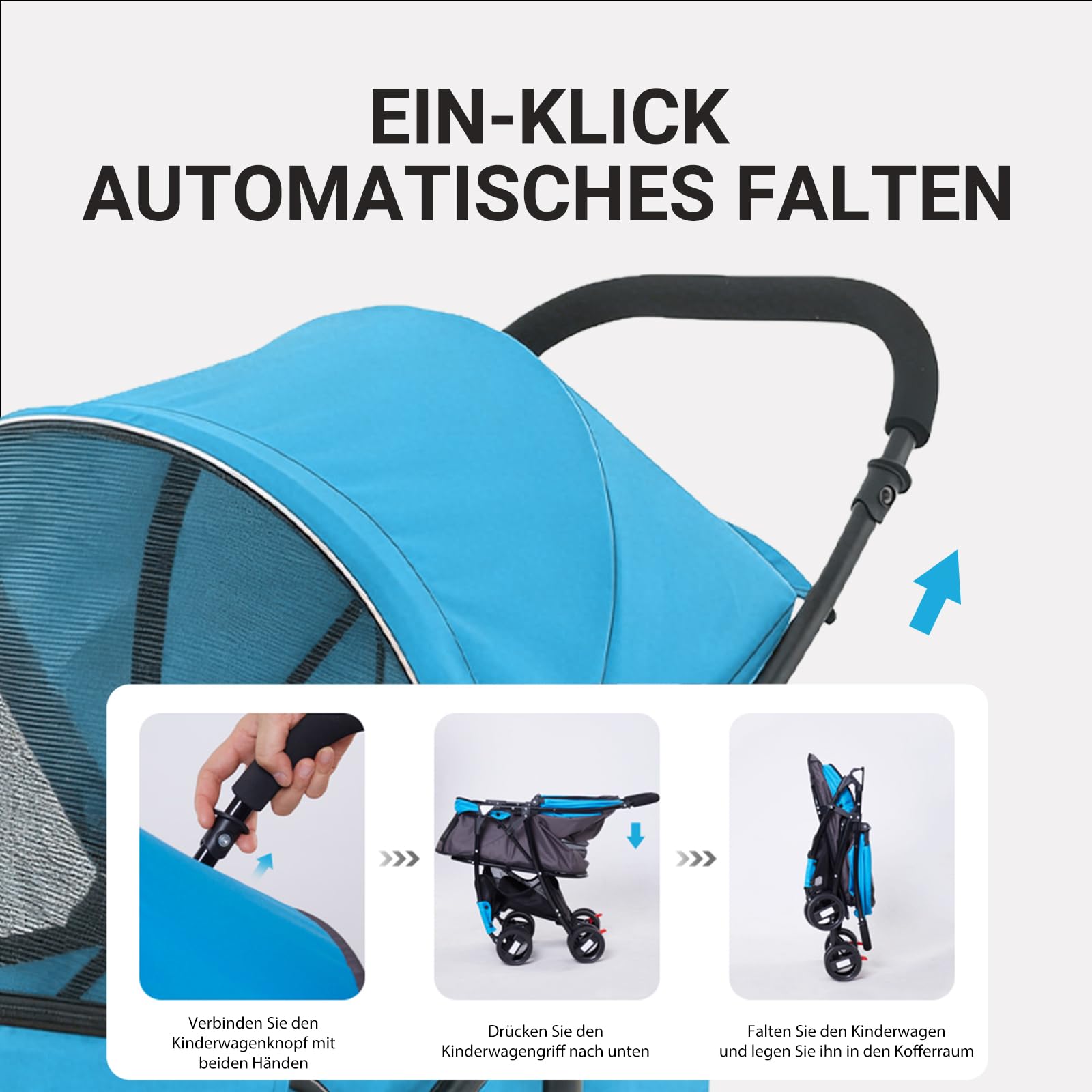 Sunny Sonny Faltbarer Jogger Haustier-Kinderwagen mit Wetterabdeckung, Aufbewahrungskorb, Haustier-Tragetasche für S/M Hunde und Katzen bis zu 15 kg (Blau)