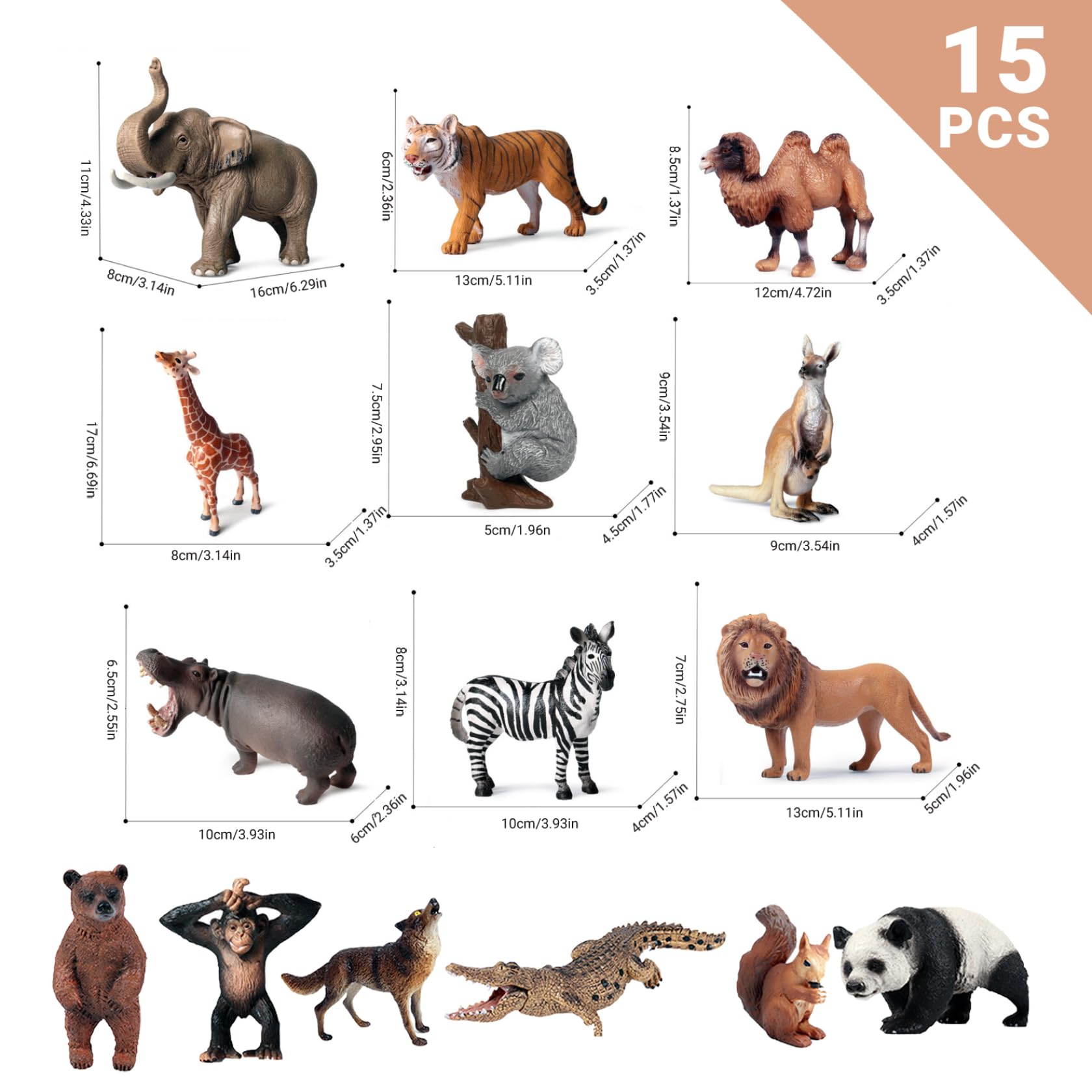 15 Stück Mini-Tierfiguren, realistische Wildtierfiguren aus Kunststoff für Wissenschaftsprojekte und Kuchendekoration, frühes Bildungsmodell für Kleinkinder, Kinder