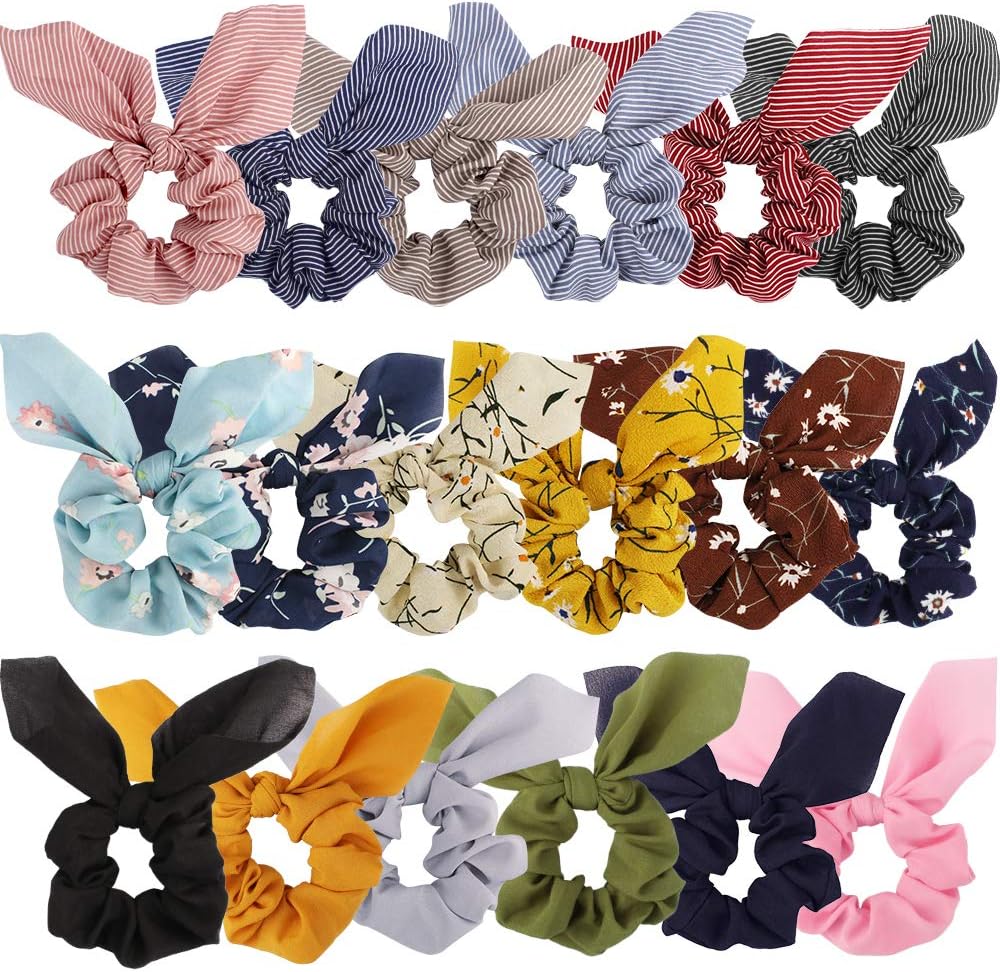 20 Pcs Chiffon Silk Scrunchies with Bows, Solid Color Stripe Floral Bow Ponytail Holders, Rabbit Bunny Ear Bowknot Hair Accessories