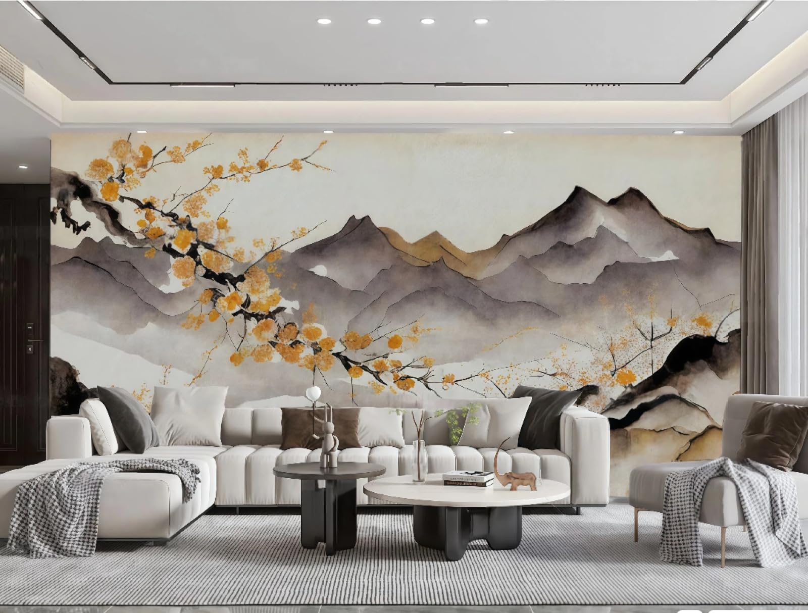 Tapeta sztuka nowoczesna żółty kwiat brzoskwini atrament chmura szczyt górski obraz olejny telewizor sofa tło tapeta ścienna salon jadalnia mural, 3D, 200 x 140 cm