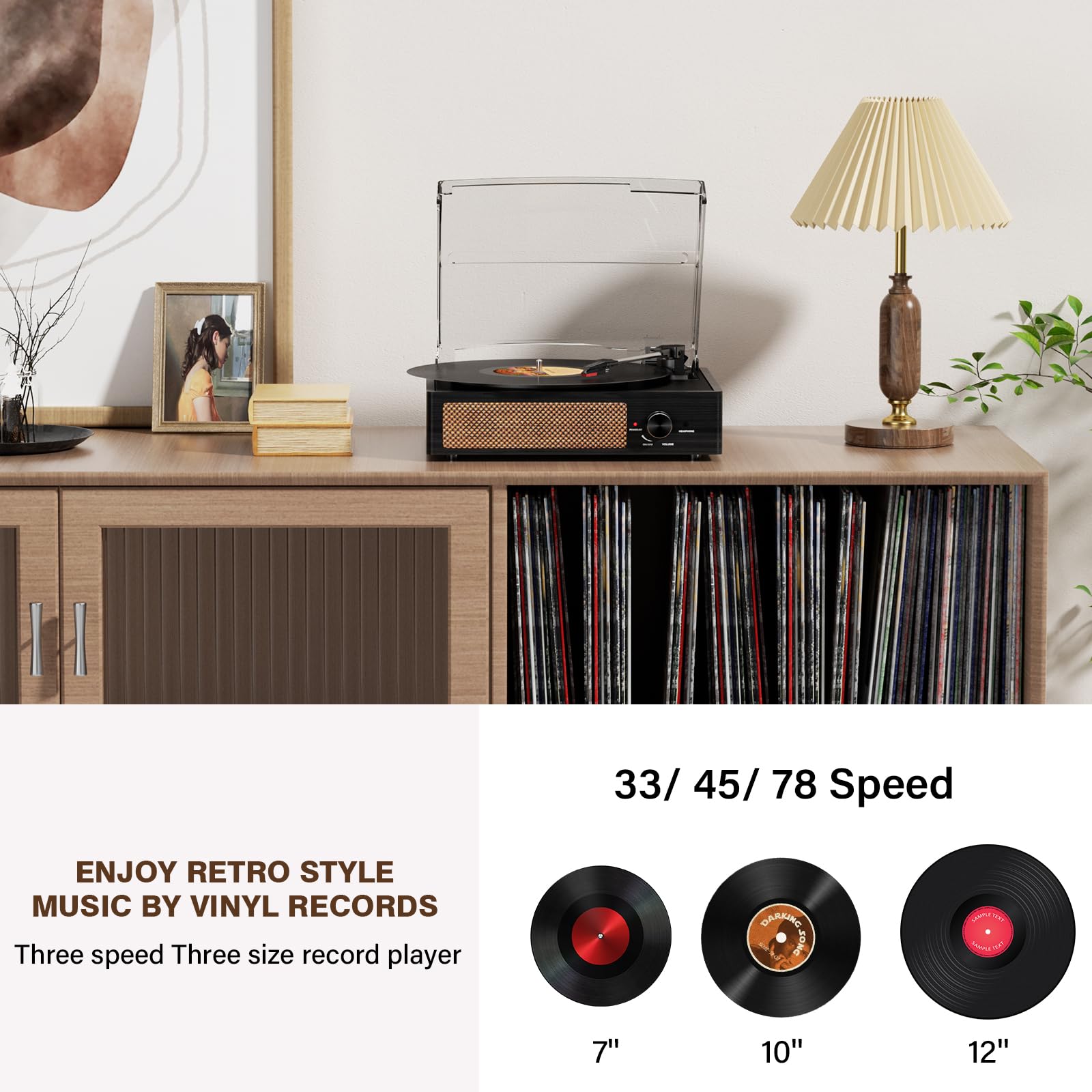 Giradischi per vinile con 2 altoparlanti integrati, giradischi in vinile LP con trasmissione a cinghia vintage 3 velocità 3 dimensioni, riproduzione wireless Bluetooth, ingresso AUX, uscita RCA