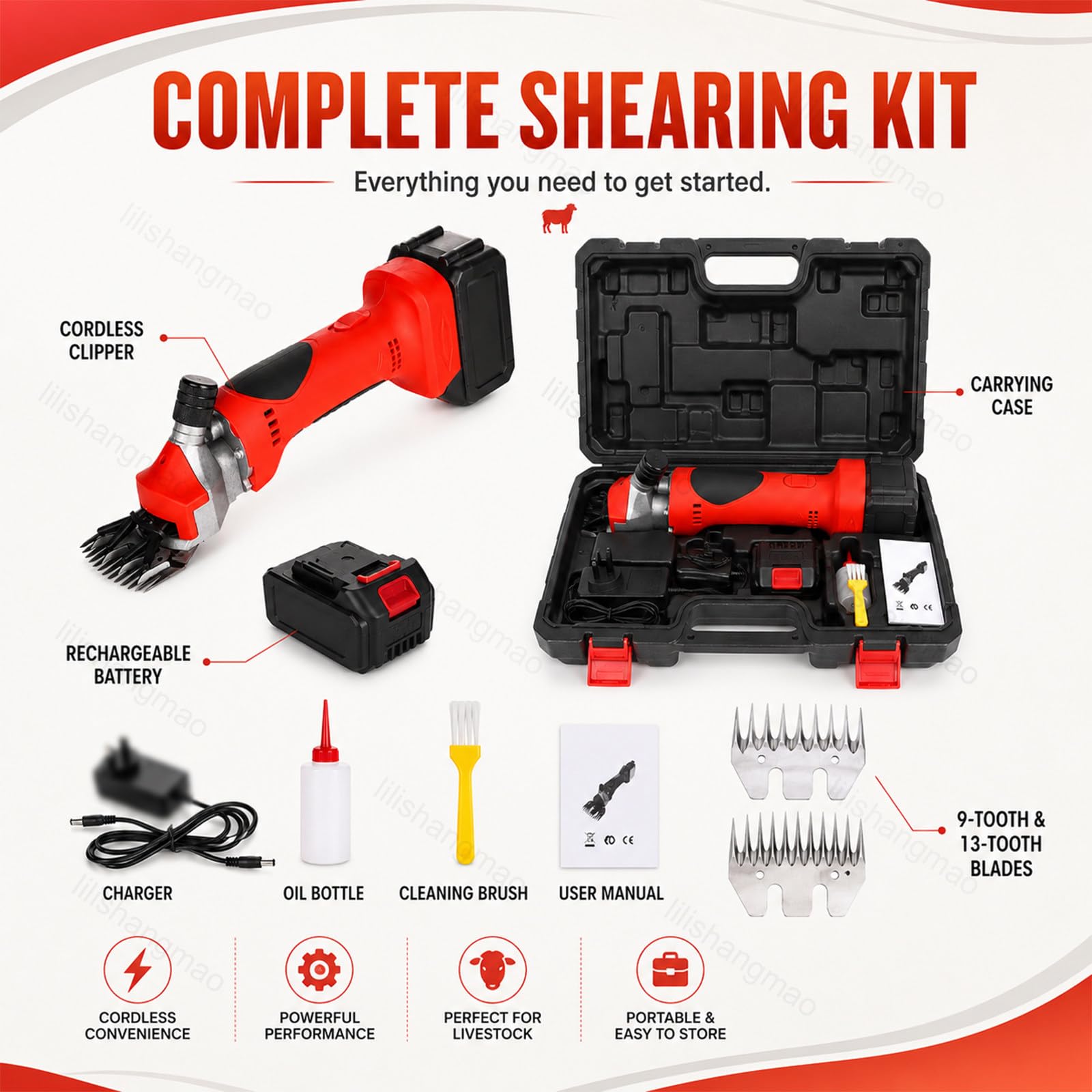 Esquiladora Profesional para Ovejas,Tijeras Recargables para Lana 2026 Mejoradas con Motor de 2800 RPM y Cuchillas de Acero al Carbono,Esquiladora Manual de 6 Velocidades Orange-1Battery