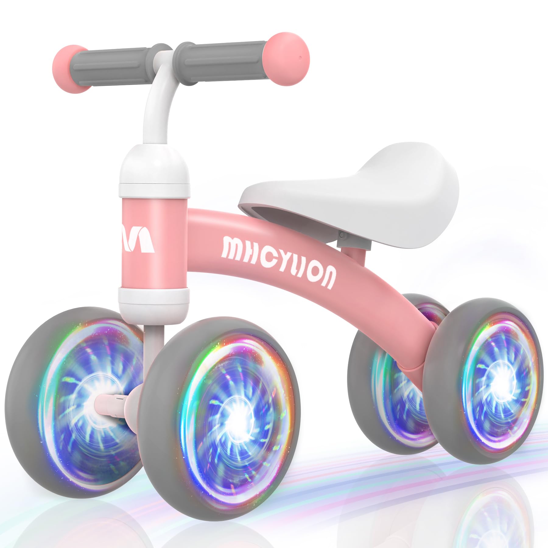 MHCYLION Shining Balance Bike Toys for Baby 1 Year Old Gifts,10-24 Months Toddler First Birthday Gift, No Pedal 4 Colorful Lighting Silence Wheels Bicycle for Little Boys Girls Walker(Shining Pink)