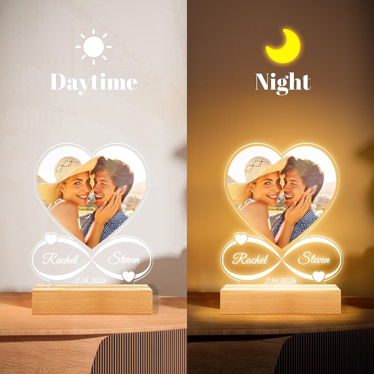 Jkolalin Custom Picture Frames with Photo, Custom Photo Frame with Night Light, Personalized Picture Frame, Personalized Anniversary Couple Gifts for Women Men Him Her Girlfriend Boyfriend Wife