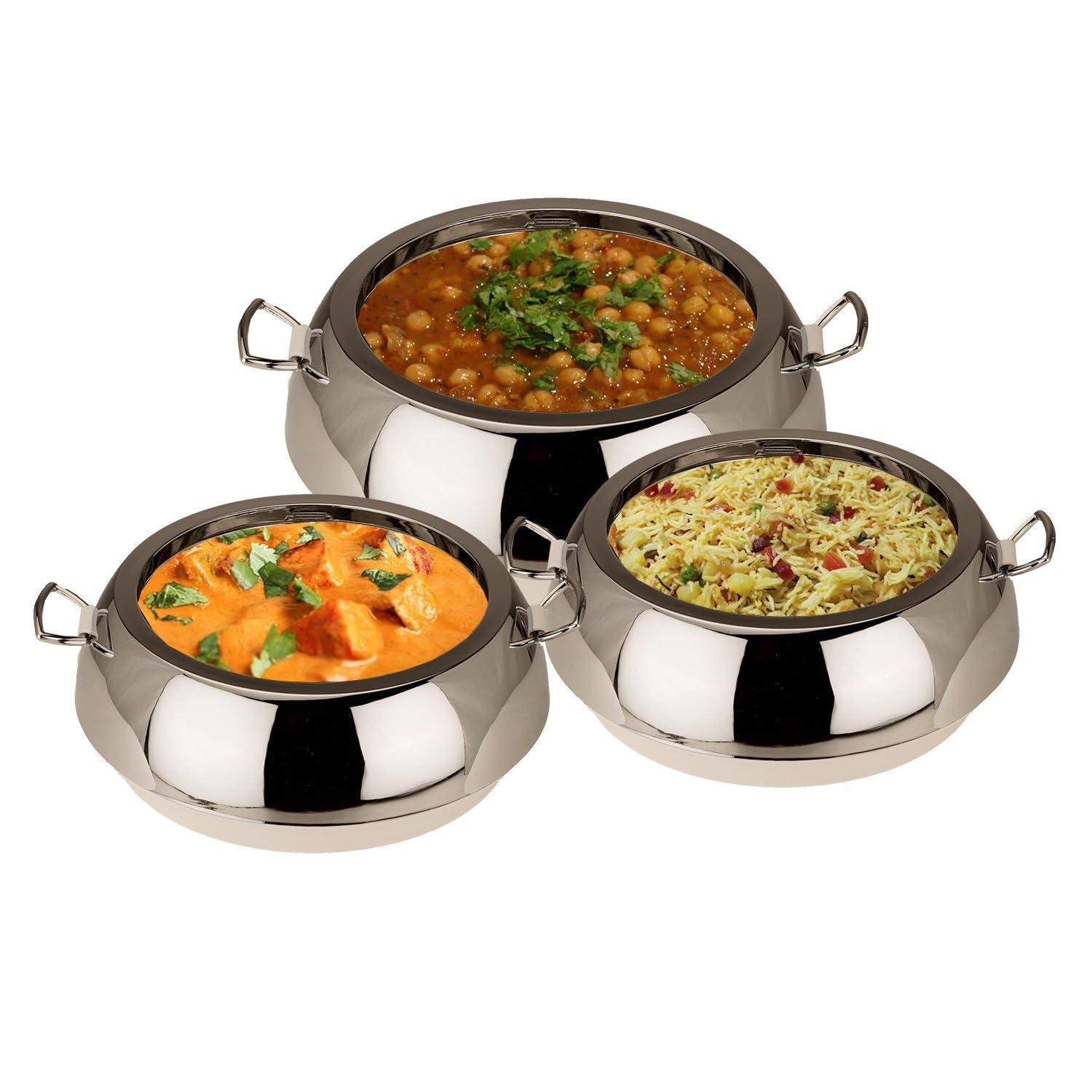 JAYPEE Eena Meena Deeka Ultra Serving Set | PU Insulated with Chrome Plated Knob Casserole Set of 3 |Inner Stainless Steel Serving Bowl 750+1000+1500 ml, Ultra White