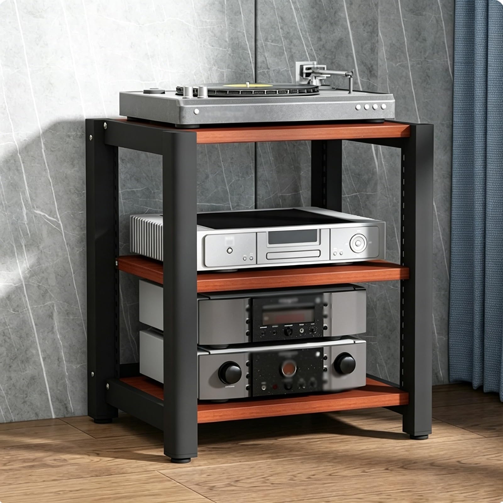 Étagère HiFi bois massif et acier à 3 niveaux réglables pour salon élégant