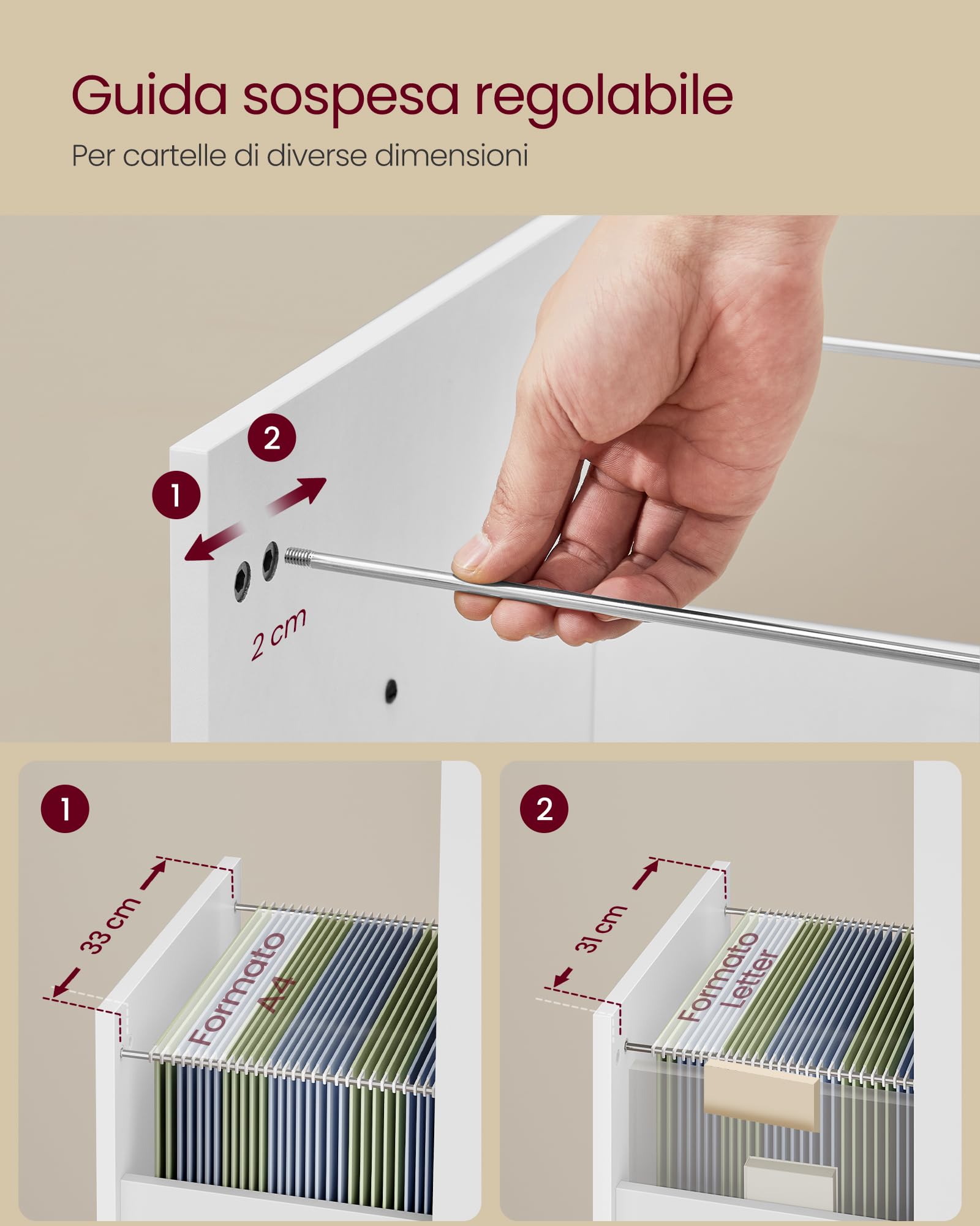 VASAGLE Cassettiera da Ufficio, Mobile per Documenti a 3 Cassetti con Ruote, per Studio, per Formato A4 Letter, Barre per Cartelle Regolabili, Bianco Nuvola OFC065WB01