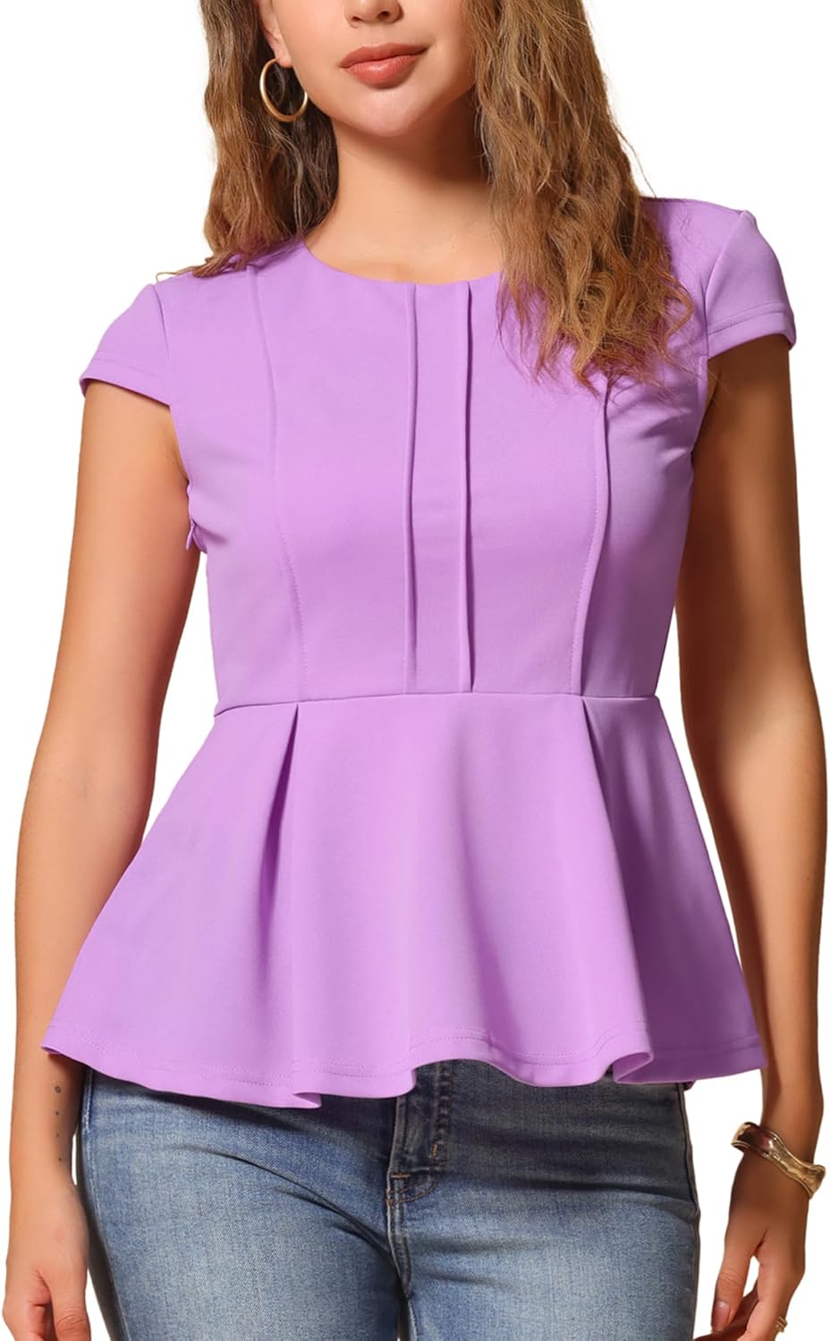Allegra K レディース ペプラム トップ キャップ スリーブ ラウンドネック 2025 夏 ワークブラウス トップス ビジネ