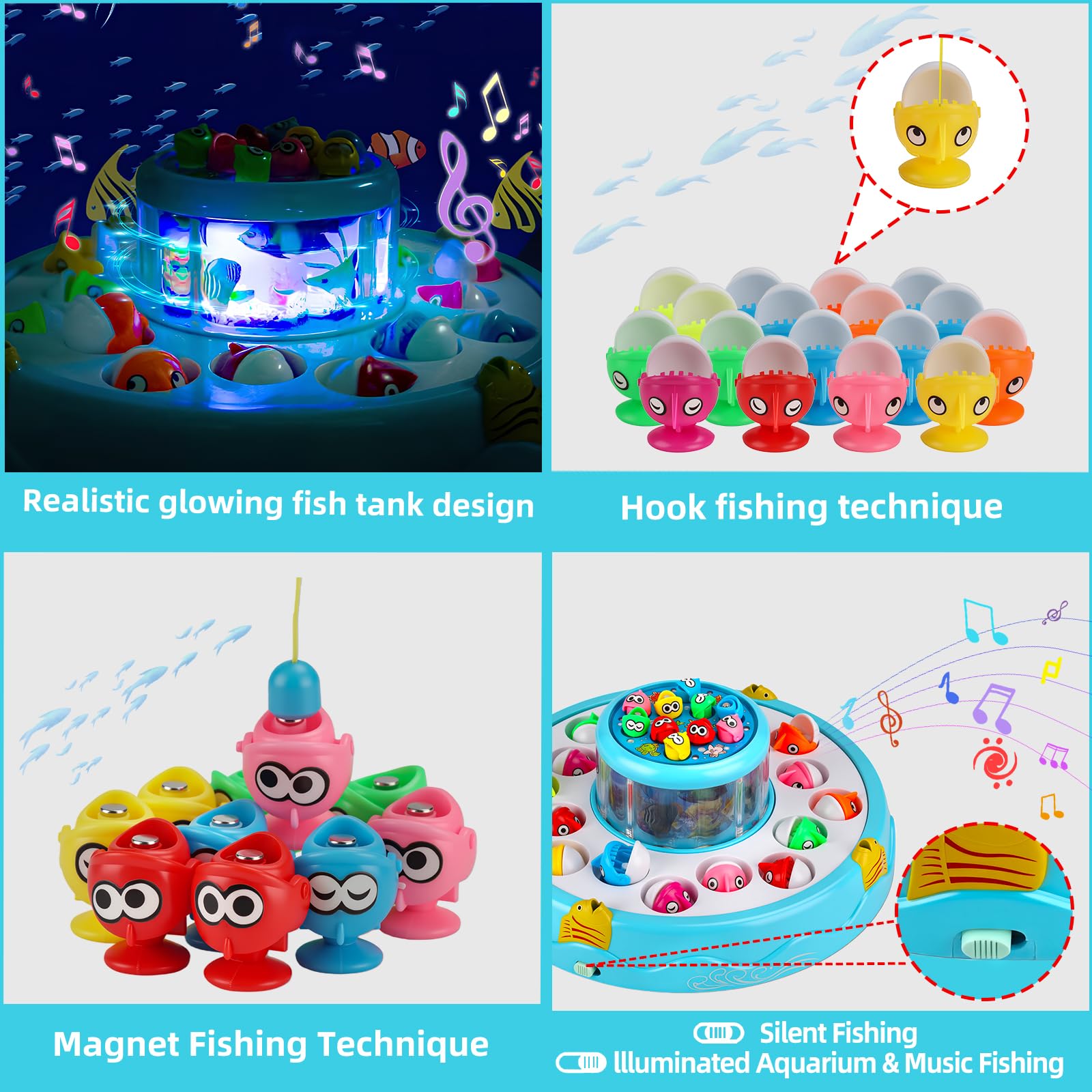Angelspiel Spielzeug ab 2 Jahre,Montessori Magnetische Angelspiel mit Musik und Lichter,Fische Angeln Kinderspiele,26Fische und 4 Angelruten,Lernspielzeug Motorikspielzeug Geschenke für Kinder - 4