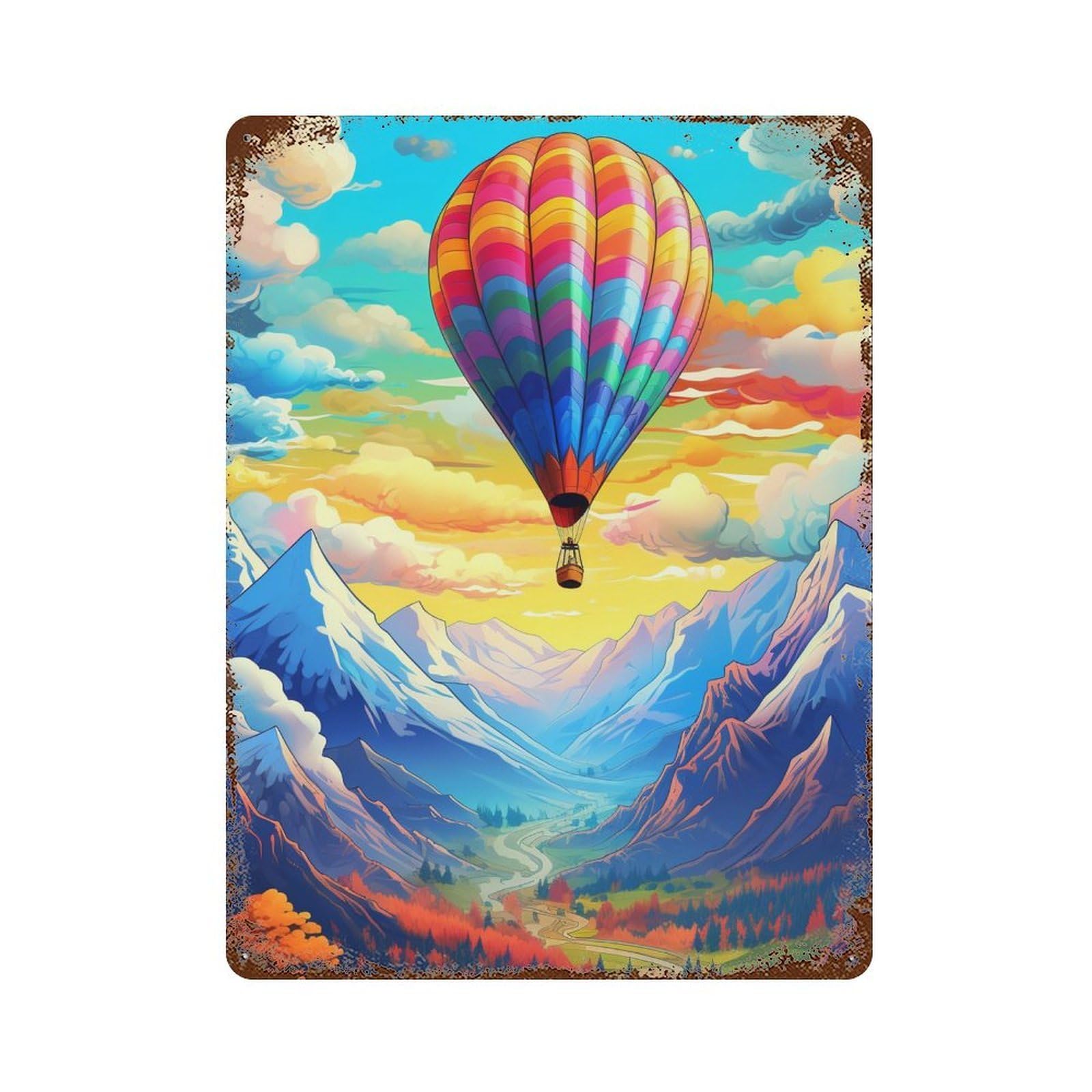 Colorful Hot Air Balloon Adventure 15.7"x11.8" Weathered Tin Sign, Shabby Chic Decor for Farmhouse, Kitchen And Entryway Decor