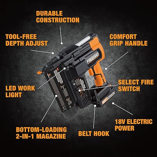 Miniatura 6 de Freeman PE2118G Kit de clavadoragrapadora inalámbrica 2 en 1 calibre 18 de 2 pulgadas con baterías de iones de litio de 2 Ah cargador funda y