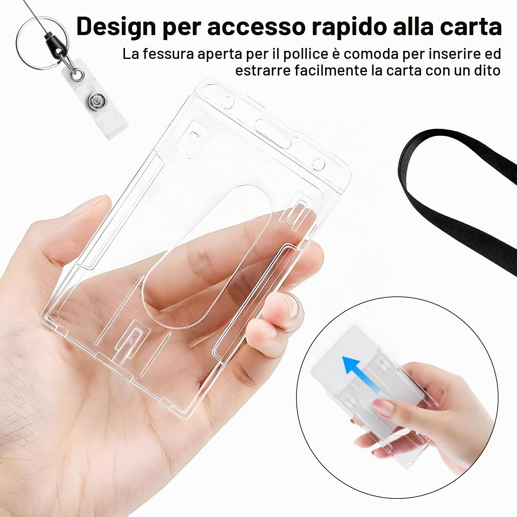 Porta Badge Retrattile con Cinturino, Portabadge Collo, Porta Tessere Custodie Trasparenti con Portachiavi Allungabile Filo Acciaio, 2 Set
