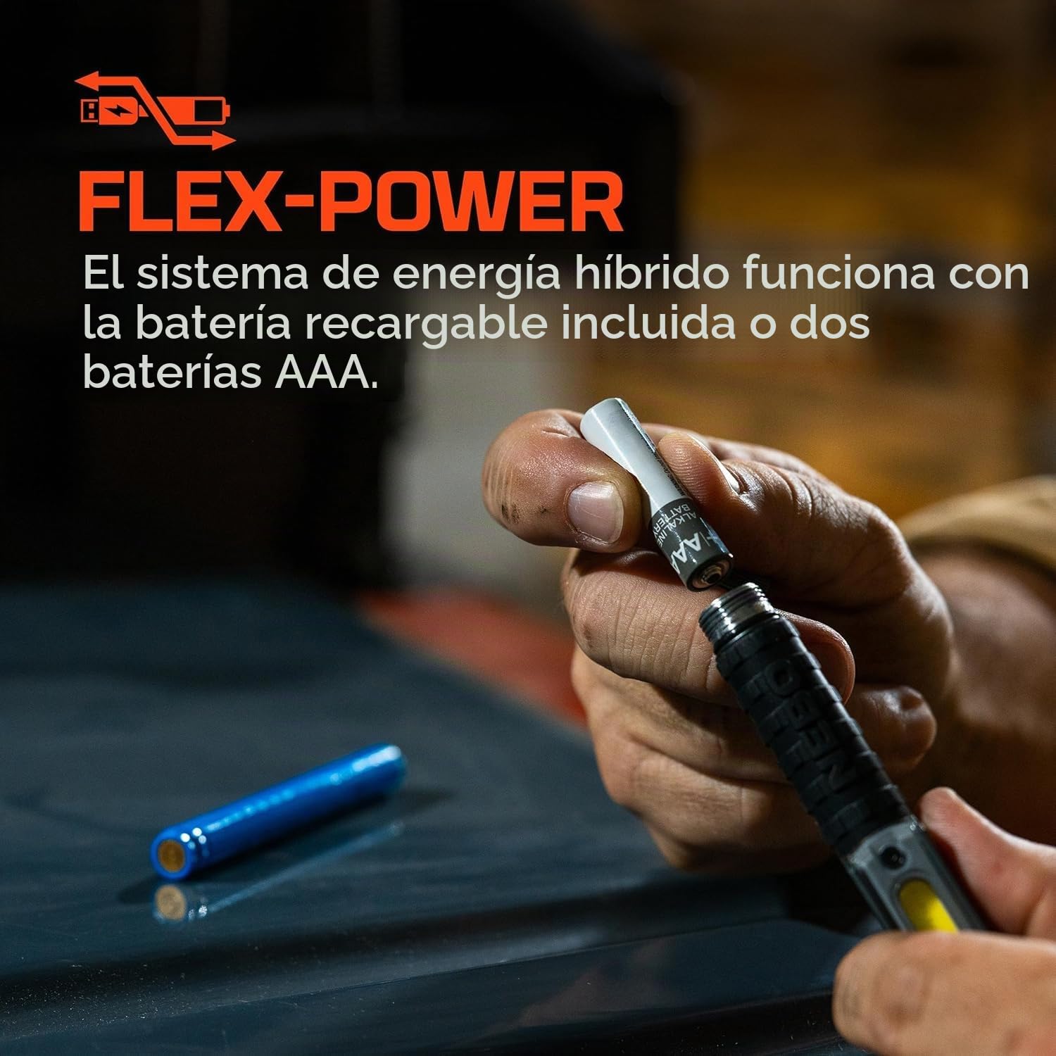 NEBO Lil Larry 500 Flex Luz de Trabajo COB – 500 Lm | Flex Power: Recargable O 2x AAA | 5 Modos | Direct-to-Red | Base Magnética | IPX7 | Aluminio | 75g | USB-C