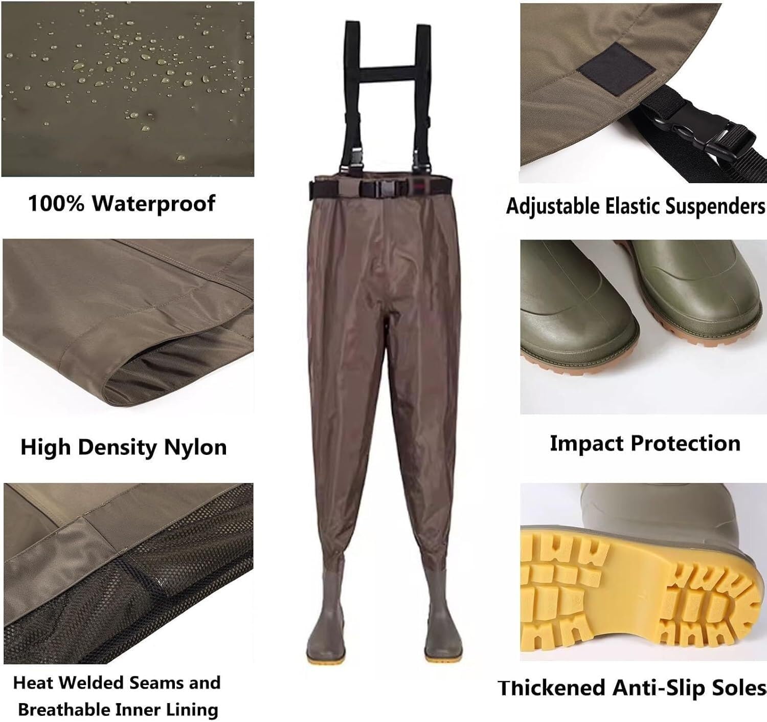 Wodery z regulowanymi szelkami i paskiem, wędkarskie buty do spodni z wypustkami na podeszwie(Gray,10)