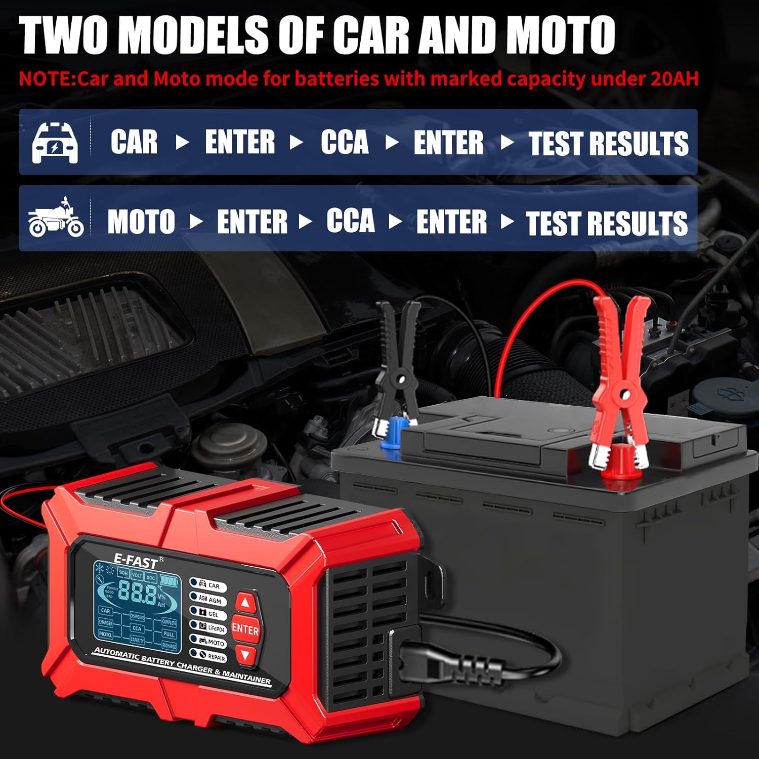Diagram showing two modes for car and moto battery testing, with steps for selecting CCA for car and AH for moto.