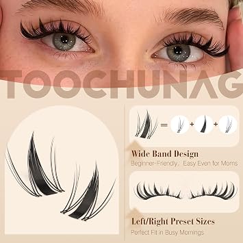 TOOCHUNAG Manga Lash Clusters Natural Fairy Eyelash Clusters Left & Right Spiky Cluster Eyelash Extensions Ultra-thin Clear Band Lashes Clusters CC Curl Cluster Lashes 8-16mm DIY Individual Lashes