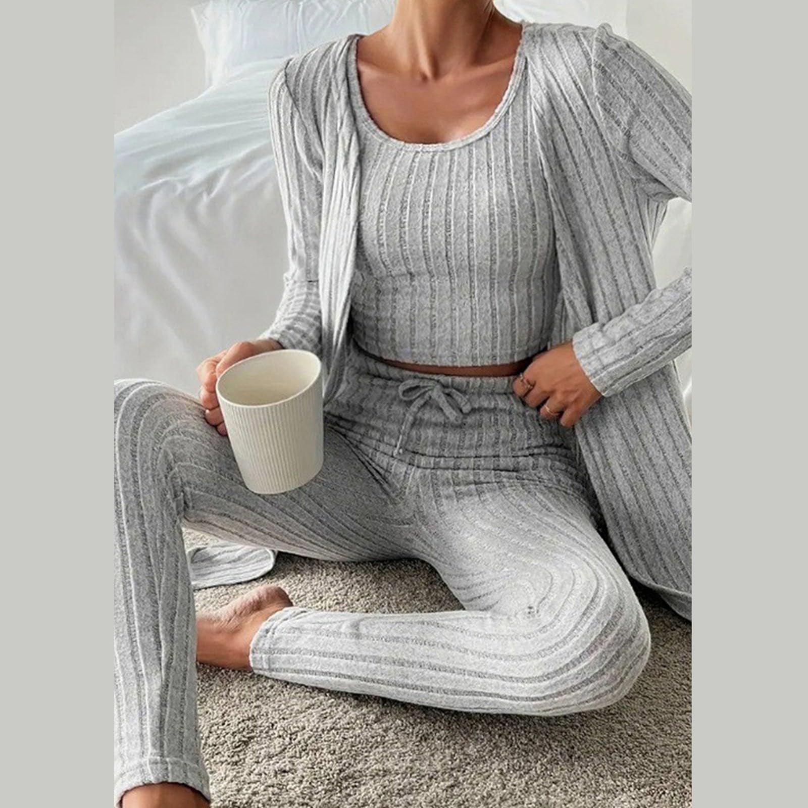 Jogginganzug Damen Stylischer Strick-Trainingsanzug für Damen mit Lässigem Rundhalsausschnitt bequemer Jogginghose weichem dehnbarem Stoff