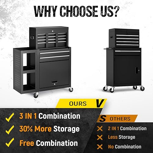 Miniatura 5 de Caja de herramientas con ruedas de 8 cajones, caja de herramientas de alta capacidad con ruedas, carrito de herramientas de garaje resistente con