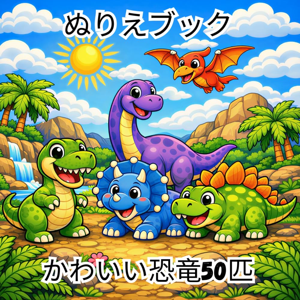 ぬりえブック - かわいい恐竜50匹: 50の簡単で楽しいイラスト｜愛らしい恐竜と先史時代の風景｜3〜8歳のお子様向けクリエイティブアクティビティ