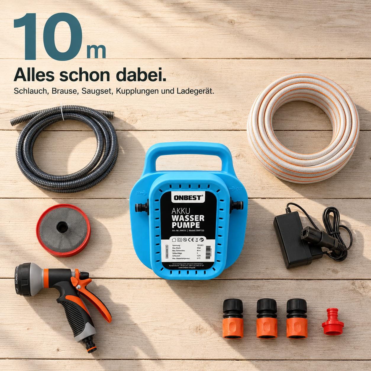 ONBEST Akku Wasserpumpe Komplettset: Schlauch, Brause, Filter & Ladegerät | 10 m Schlauch, 8000 mAh Akku, selbstansaugend, 8 bar – Regentonne