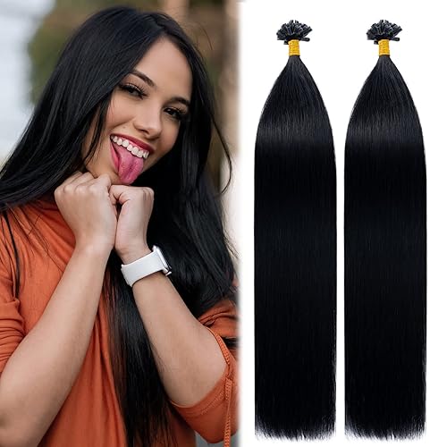 Miniatura 1 de MY-LADY Extensiones de cabello humano con punta en U, color negro azabache de 18 pulgadas, 1.76 oz, 50 hebras, punta K, extensiones de cabello de