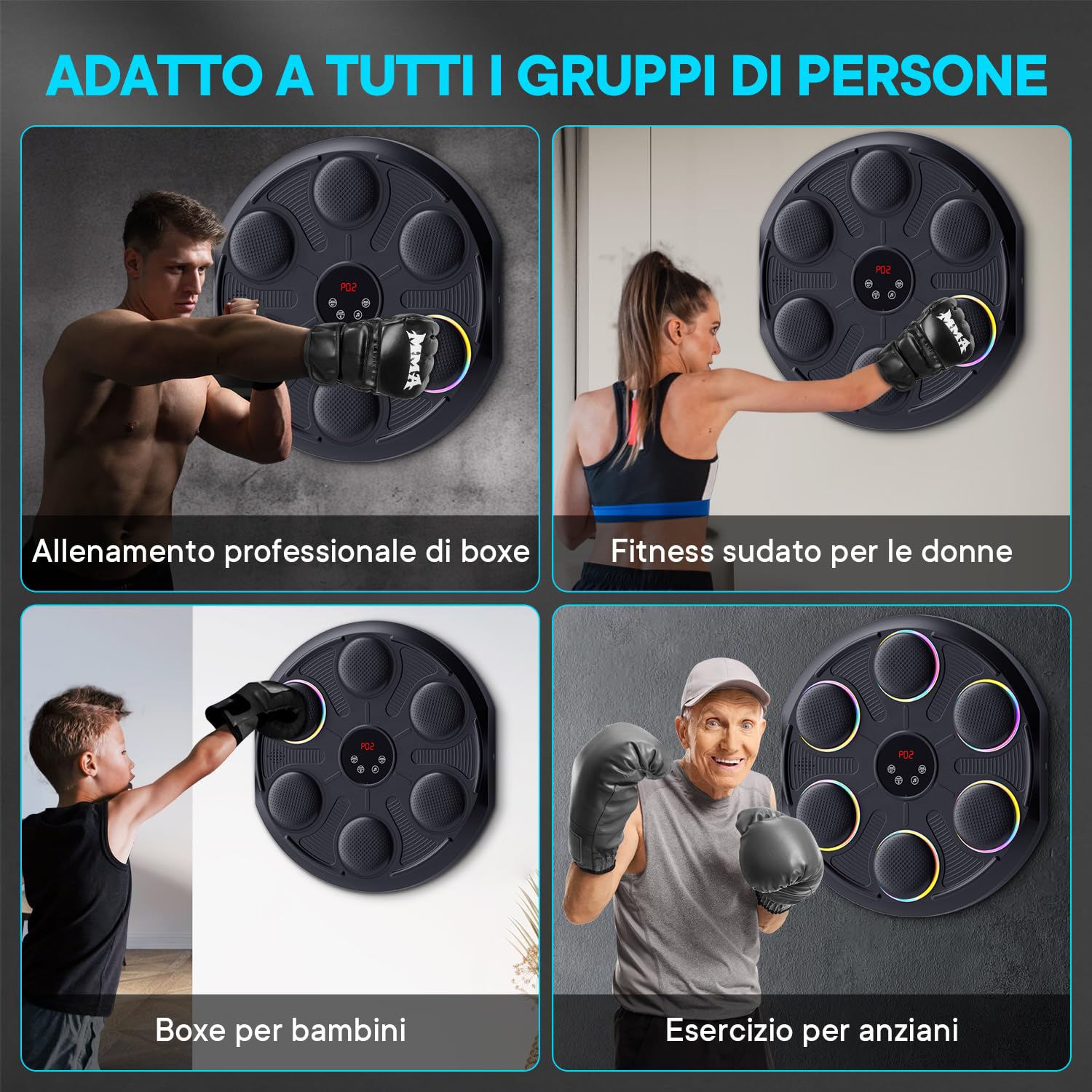 Music Boxing Machine Adulti, LED Elettronica Macchina da Boxe Musicale con MMA Guanti, Supporto Bluetooth e 12 modalità di velocità e Luce per Bambini e Adulti per Casa, Interni e Palestre