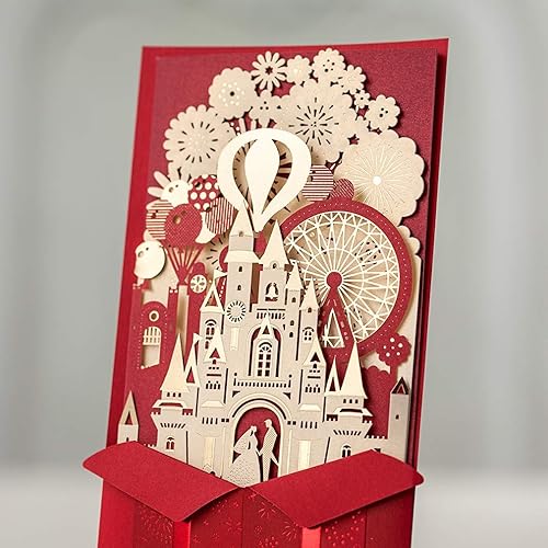 Miniatura 10 de 20 invitaciones de boda de oro cortadas con láser de 4.1 x 8.5 pulgadas, tarjetas de invitación 3D de hadas doradas para novios en castillo, para