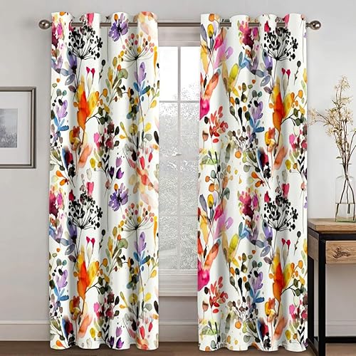 Miniatura 10 de Cortinas opacas florales de 84 pulgadas de largo, 2 paneles de hojas de flores azul salvaje, beige y morado, cortinas de oscurecimiento con