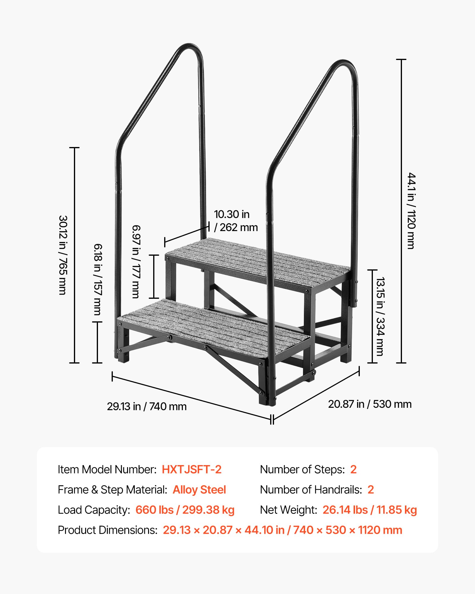 VEVOR Escalier Mobile à 2 Marches, Marchepied avec 2 Rampes pour Caravane, Portable pour Camping-Car, Spa, Piscine, avec Patins Antidérapant pour Personnes Âgées, Animaux Domestiques, Capacité 300 kg