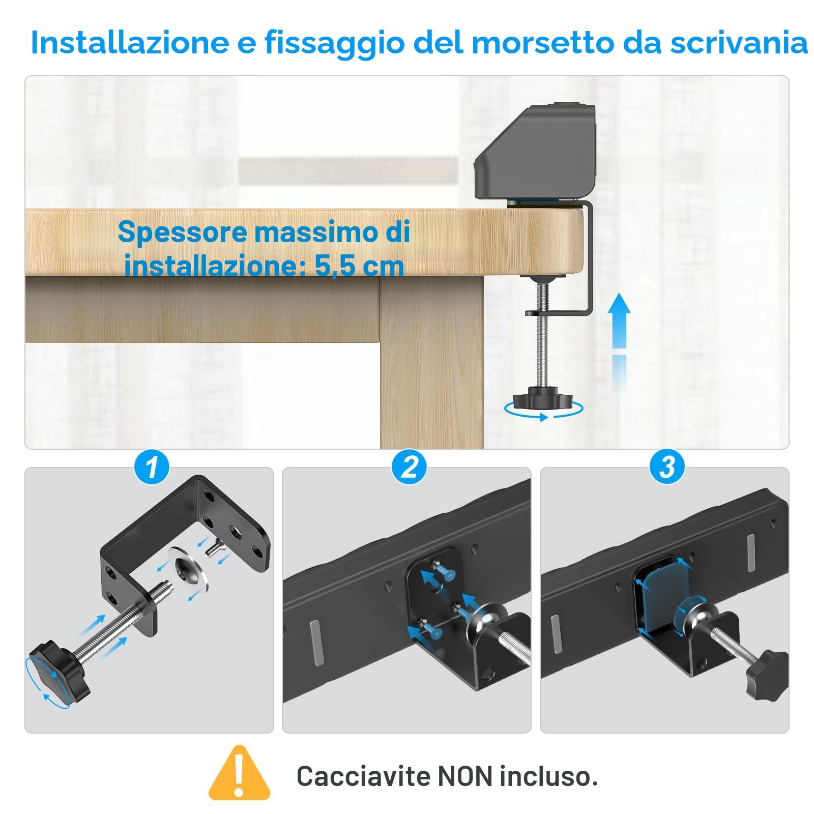 Multipresa 4000W con Protezione da Sovratensioni, Ciabatta Elettrica da Scrivania con Ricarica Rapida USB-C PD20W, Presa con 4 Interruttori Indipendenti, Ciabatta e Dispositivo di Fissaggio, Cavo 2M