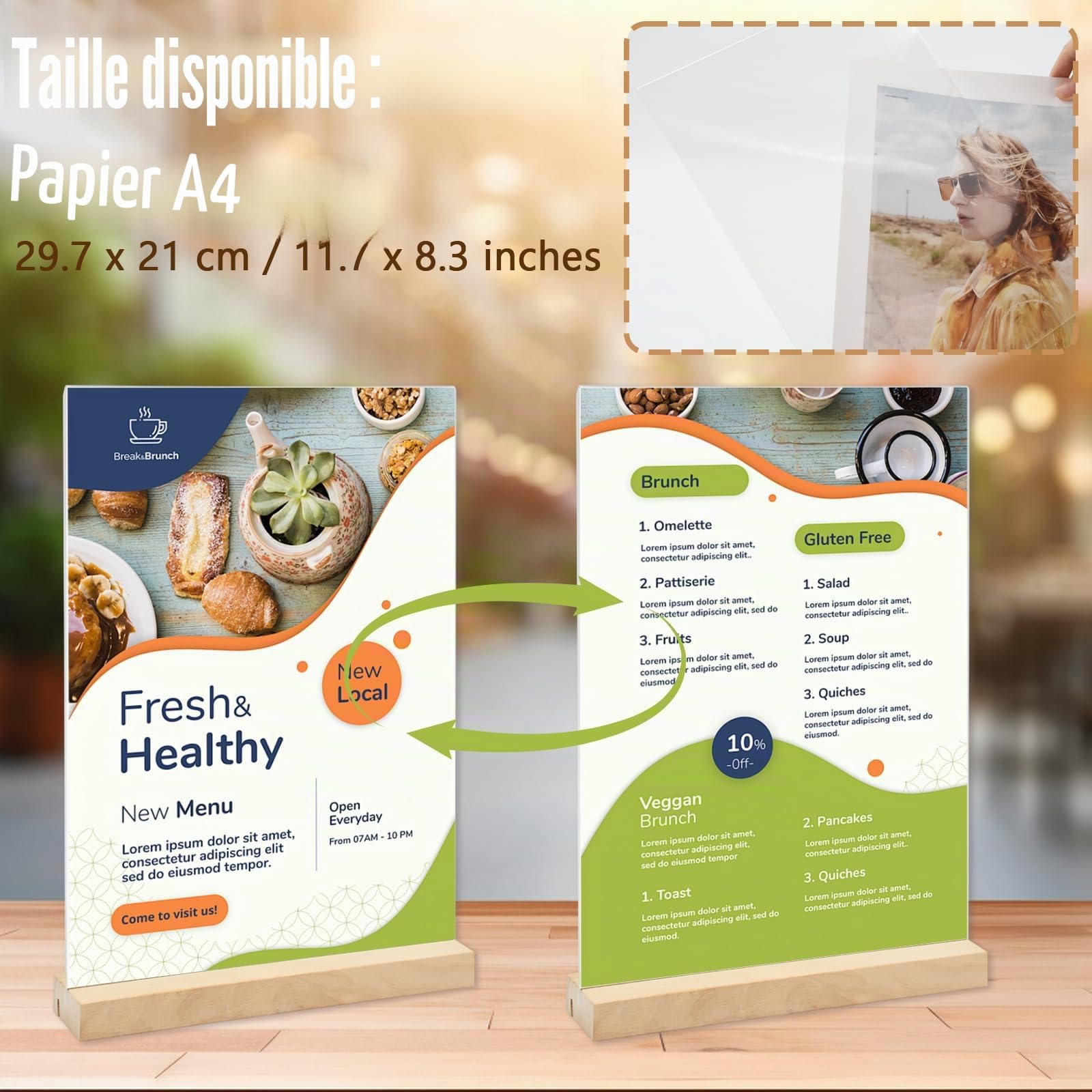 4 Pièces Présentoirs de Table A4, Forme L/T Support Affiche A4 Plaque Acrylique, Double Face A4 Porte Menu avec Pied en Bois, Support Feuille pour Exposition Café Bureau-297 x 210 mm
