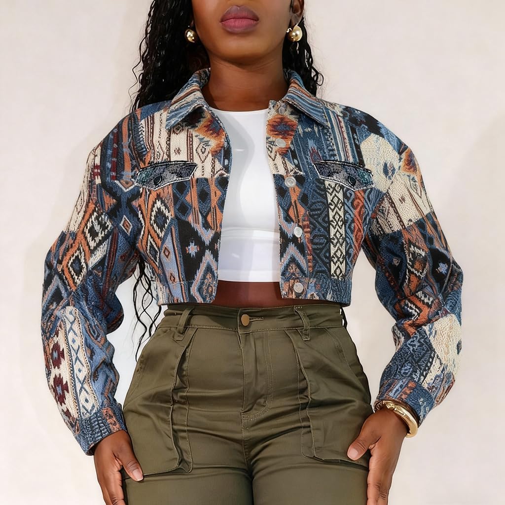 Cropped Jacket Women Jacquard Lapel Button Down Crop Floral Jackets for Women Trendy image 2