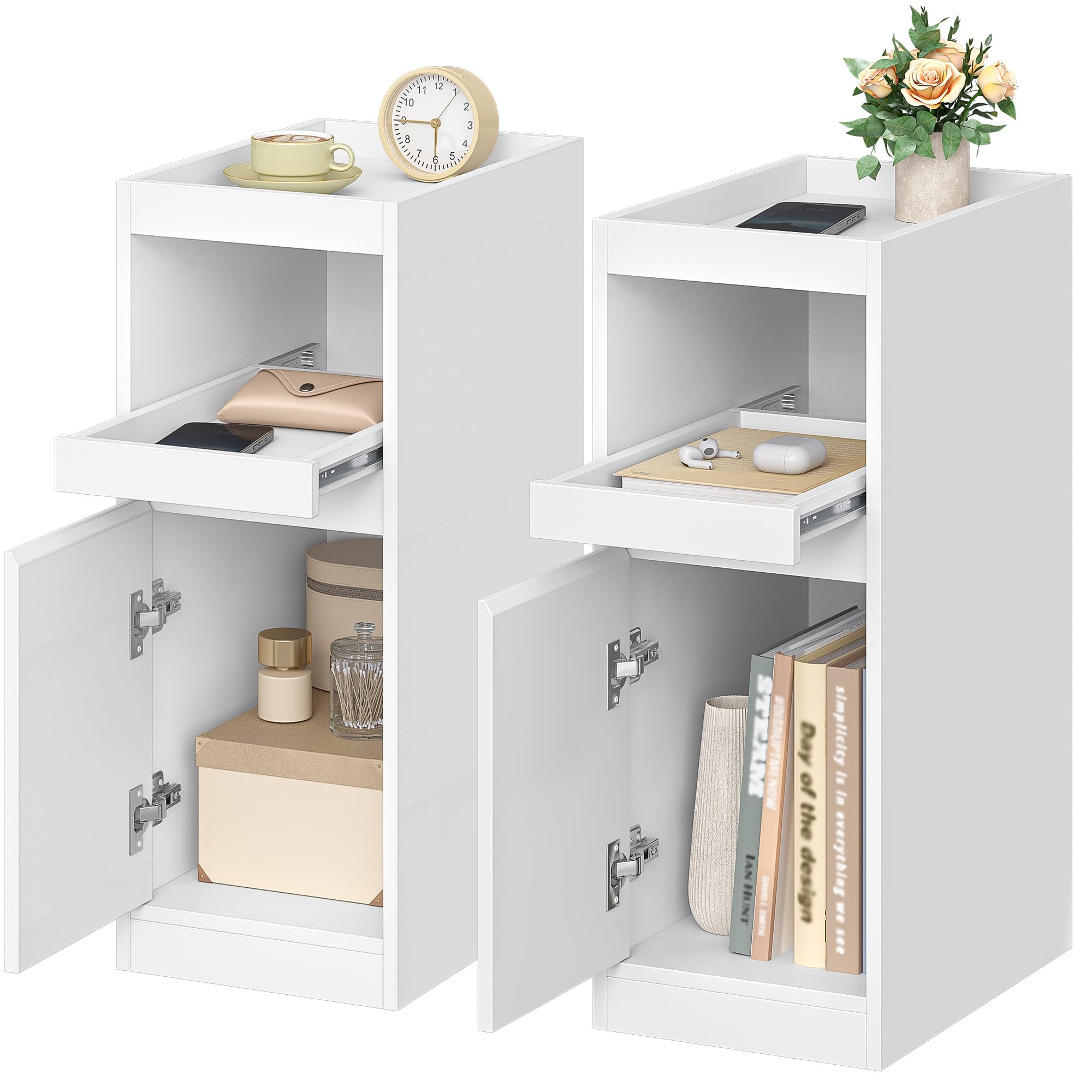 HEXCELEN Schmaler Nachttisch 2er Set mit Tablett, Weiß, 35 × 24 × 64 cm | Beistelltisch mit 1 Tür, Beistelltisch mit 2 Haken, Platzsparend, für Schlafzimmer, Wohnzimmer, Moderner Stil